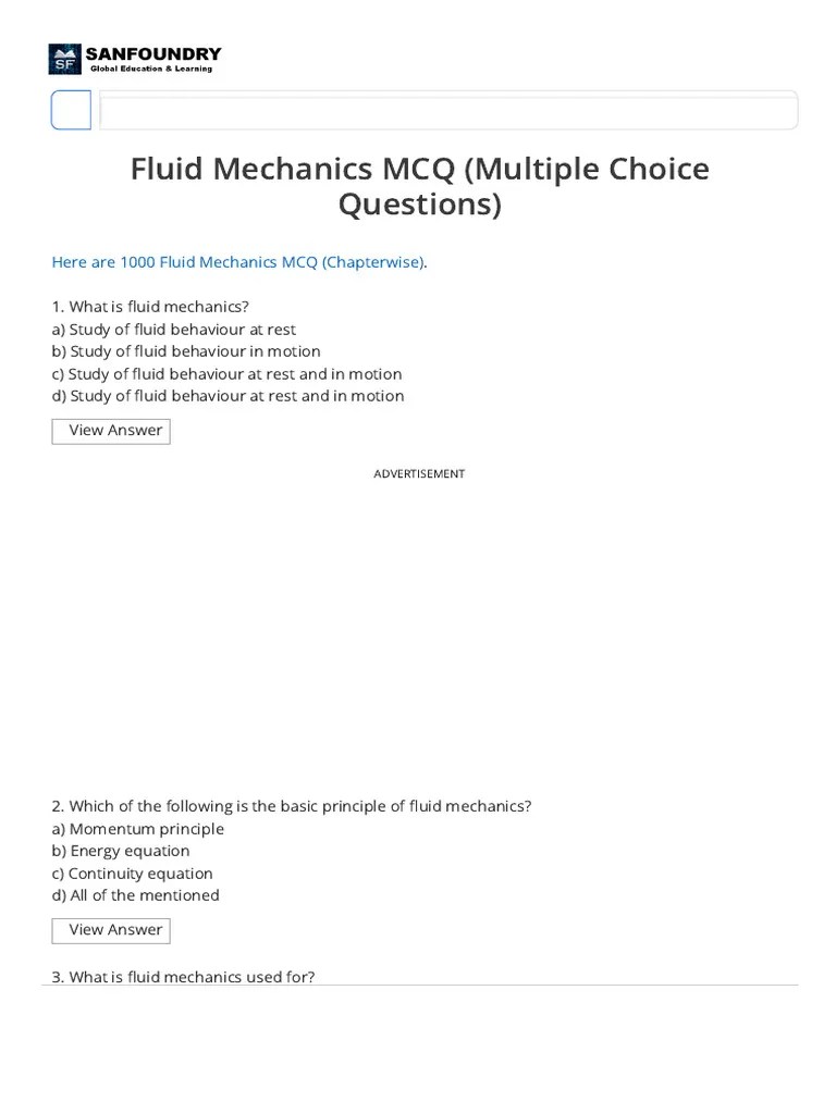 Fluid Mechanics MCQ (Multiple Choice Questions) - Sanfoundry | PDF | Fluid Dynamics | Fluid ...