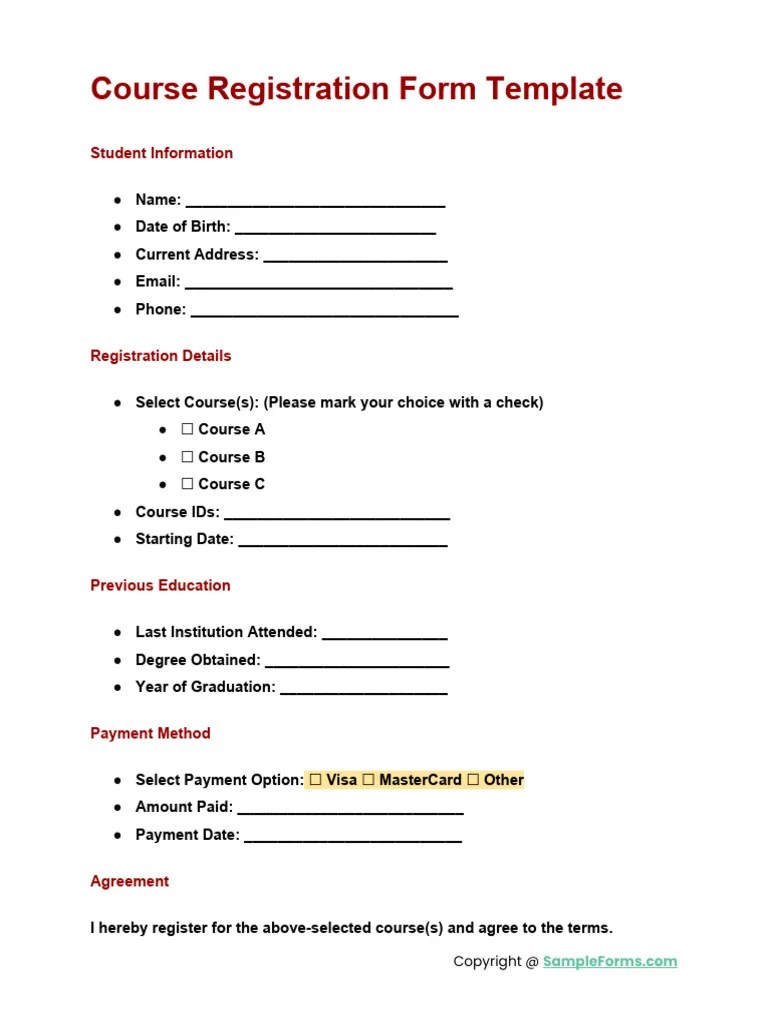 Course Registration Form Template Pdf