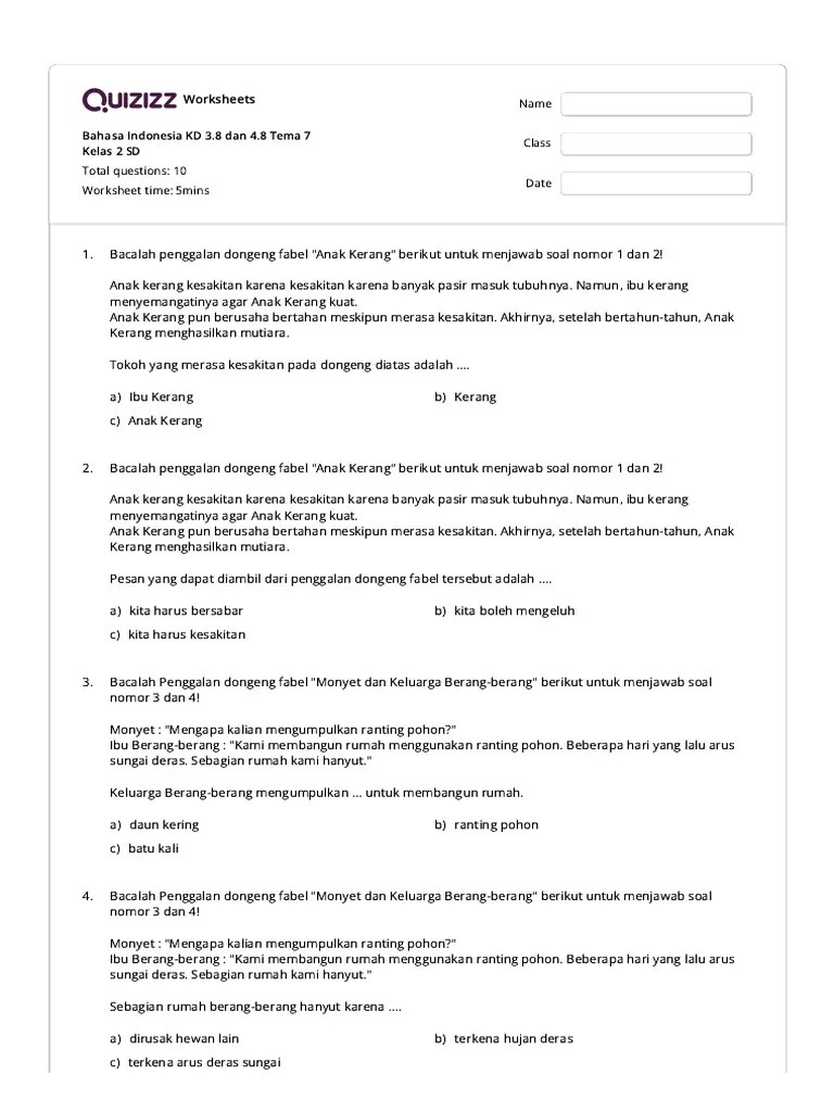 Bahasa Indonesia FABEL Kelas 2 SD - Quizizz | PDF | Seni & Disiplin Bahasa