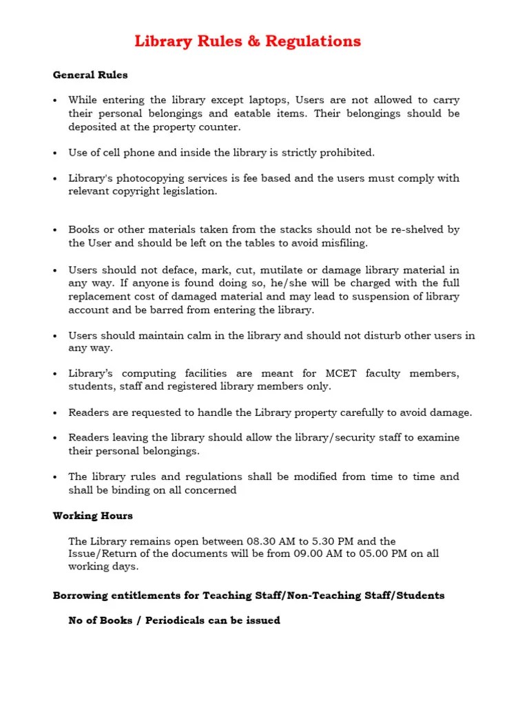 Library Rules And Regulations | PDF | Libraries | Justice