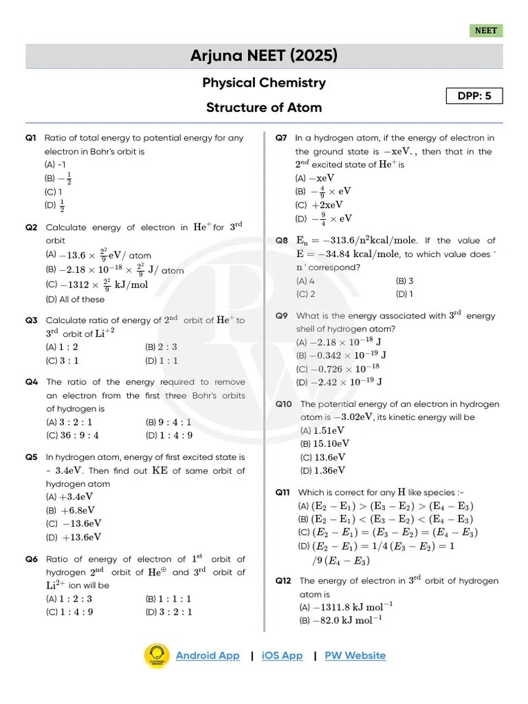 Structure Of Atom_DPP 05_Arjuna NEET (2025) | PDF | Electronvolt | Atoms