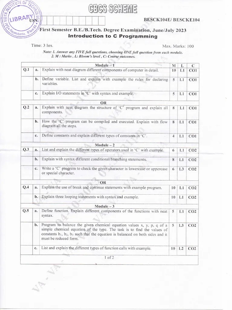 Introduction To C Programming BESCK104E June-July 2023 | PDF