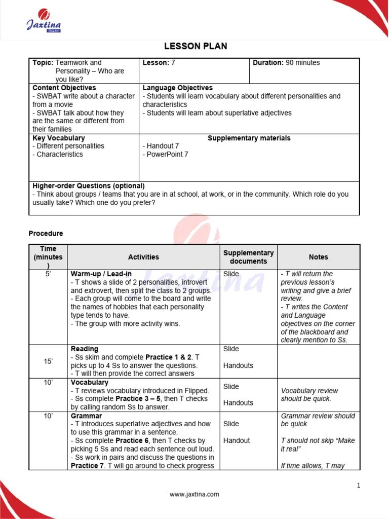 Lesson Plan 7 - TC - Final Checked | PDF | Lesson Plan | Behavior Modification