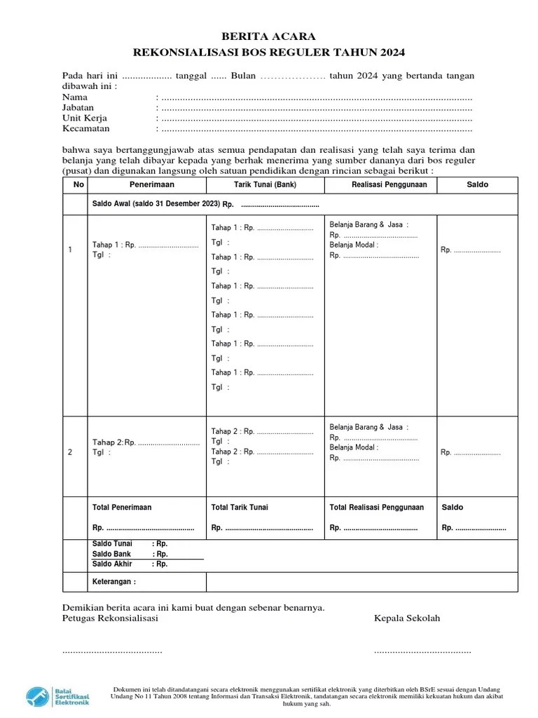 Format Rekonsialisasi BOS Reguler Tahap 1 Dan Bosda TB 2 TH 2024 | PDF