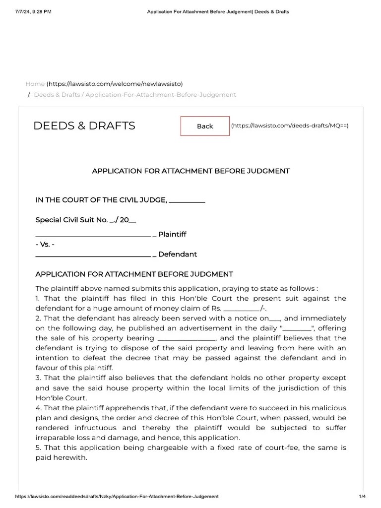 Application For Attachment Before Judgement - Deeds & Drafts | PDF ...