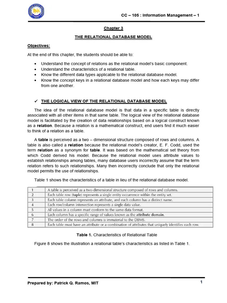 CC 105 Chapter 3 Relational Database Model | PDF | Relational Model ...