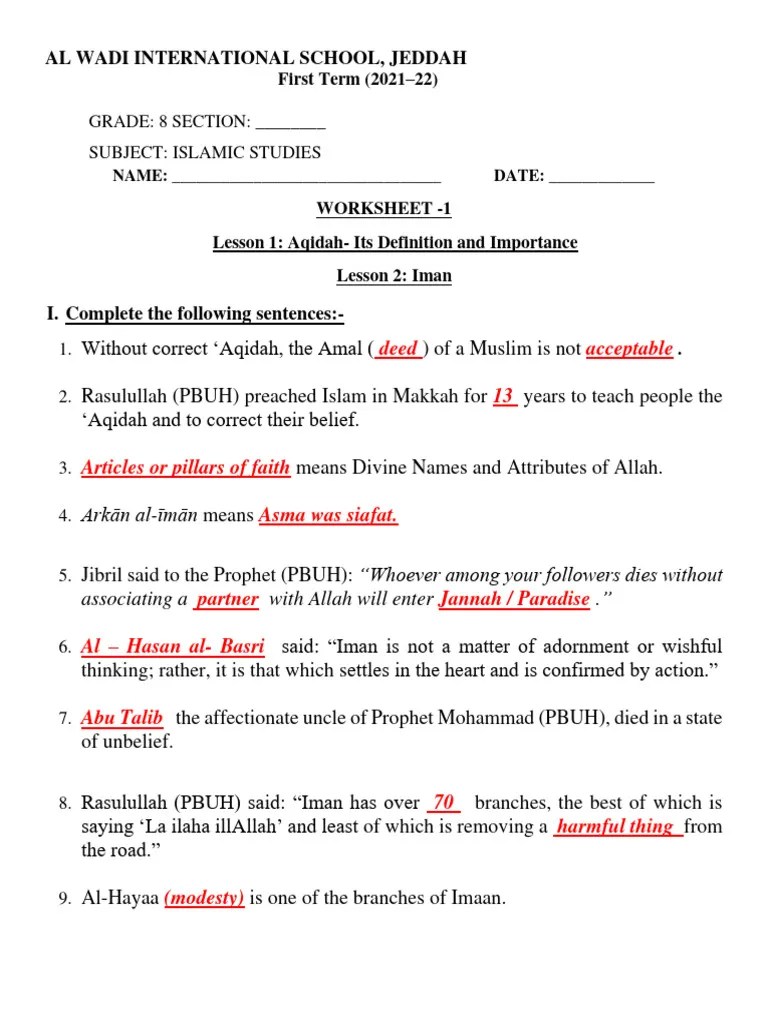 GR 8 ISLAMIC STUDIES - WS 1 (Answer Key) | PDF | Prophets And ...