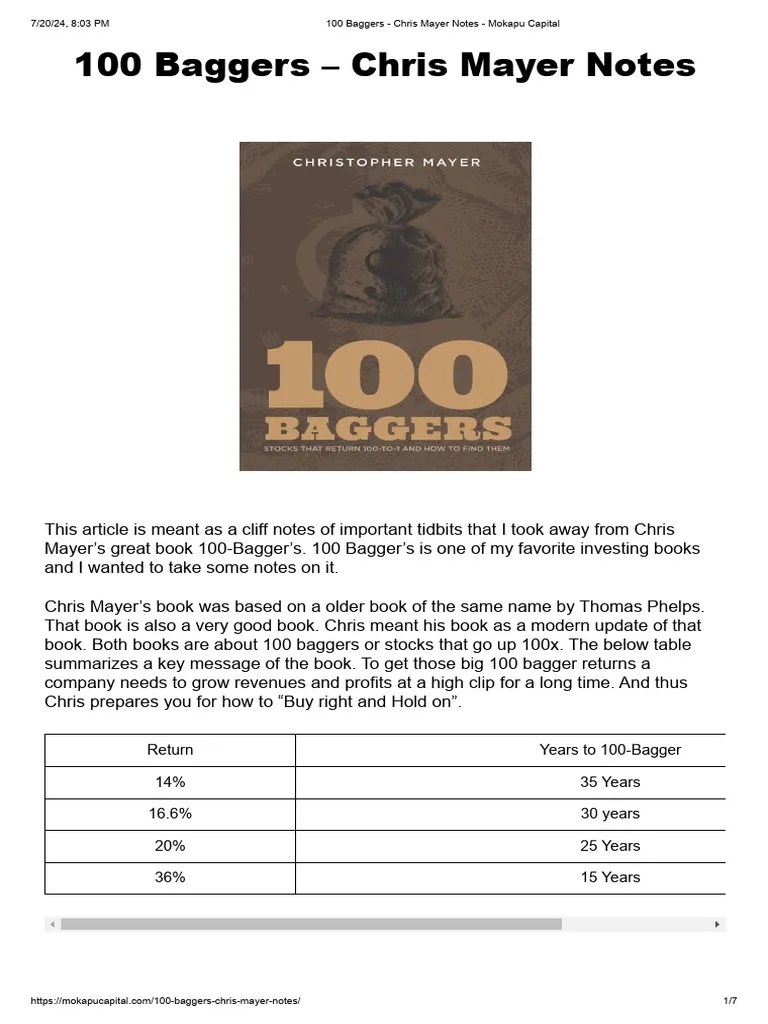 100 Baggers - Chris Mayer Notes - Mokapu Capital | PDF | Investing | Price–Earnings Ratio