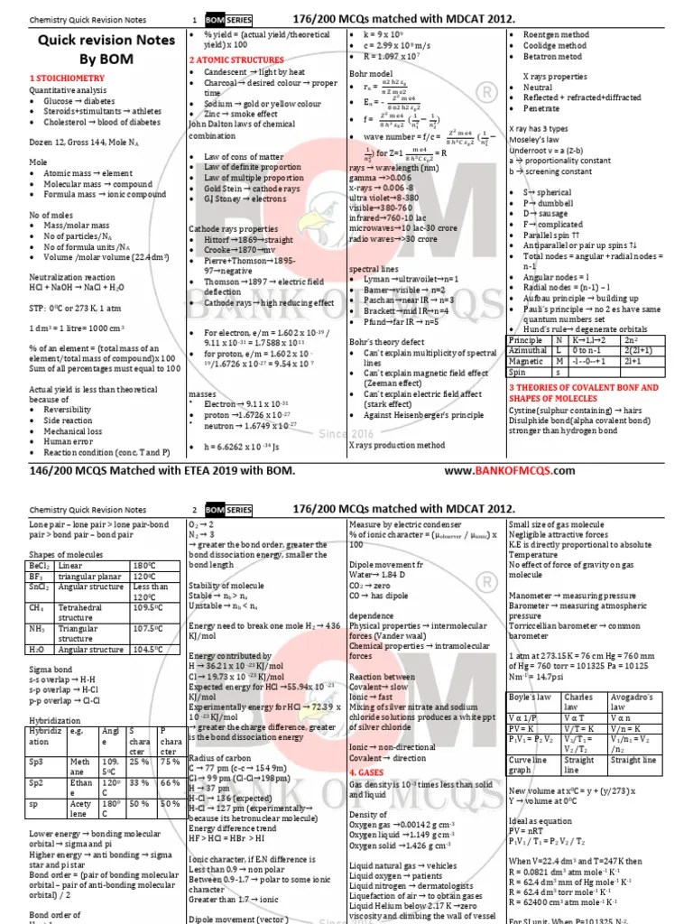 Chemistry Quick Notes | PDF | Chemical Polarity | Chemical Bond