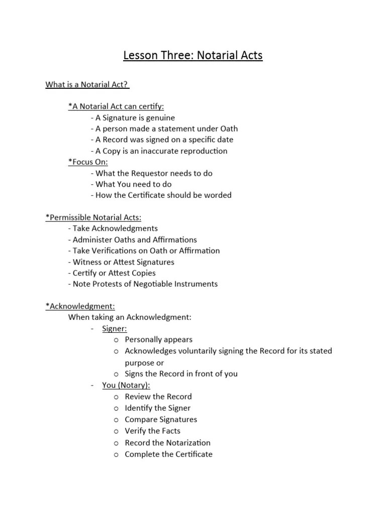 Lesson Three - Notarial Acts | PDF | Notary Public | Signature