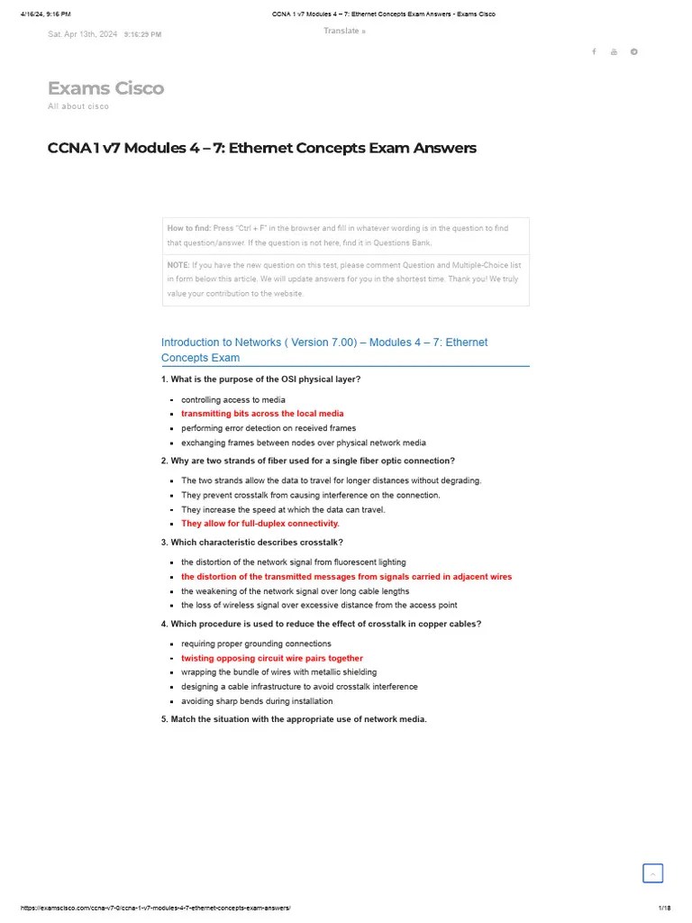 CCNA 1 V7 Modules 4 - 7 - Ethernet Concepts Exam Answers - Exams Cisco ...