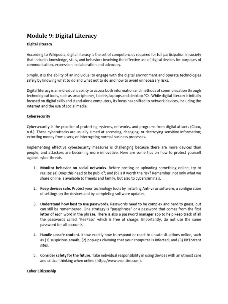 Module 9 Digital Cyber Literacy | PDF | Cybercrime | Cyberbullying