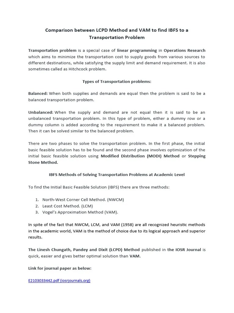 Transportation Problems - Vogels Approximation Method Vs Linesh Chungath, Pandey And Dixit (LCPD ...