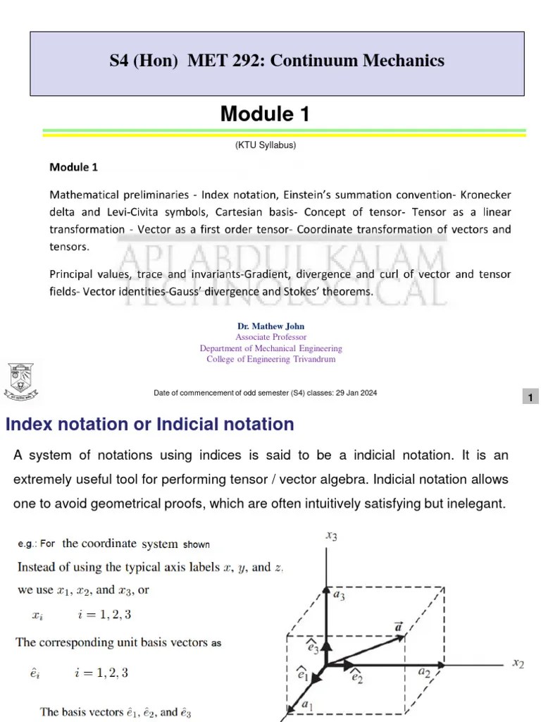Continuum Mechanics - Module 1 All | PDF | Tensor | Vector Space