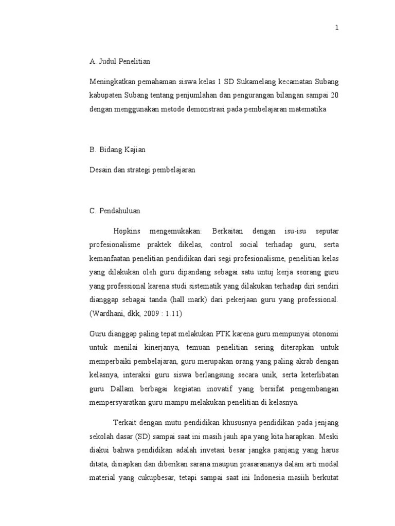 Latar belakang masalah berdasarkan hasil refleksi pembelajaran matematika kelas v sd 2 besito kecamatan gebog kabupaten kudus pada . Proposal Ptk Matematika Kelas 1 Sd Sukamelang Pdf