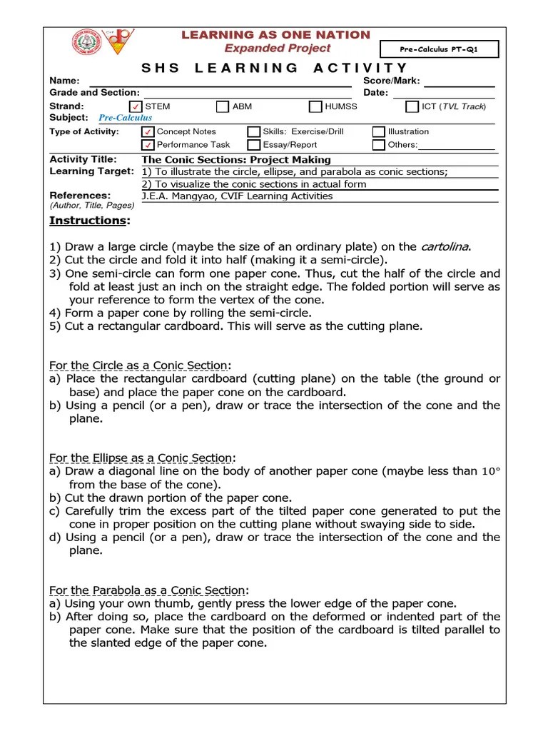 Pre-Calculus LAS 1 PTQ1 The Conic Sections - Project-Making | PDF ...