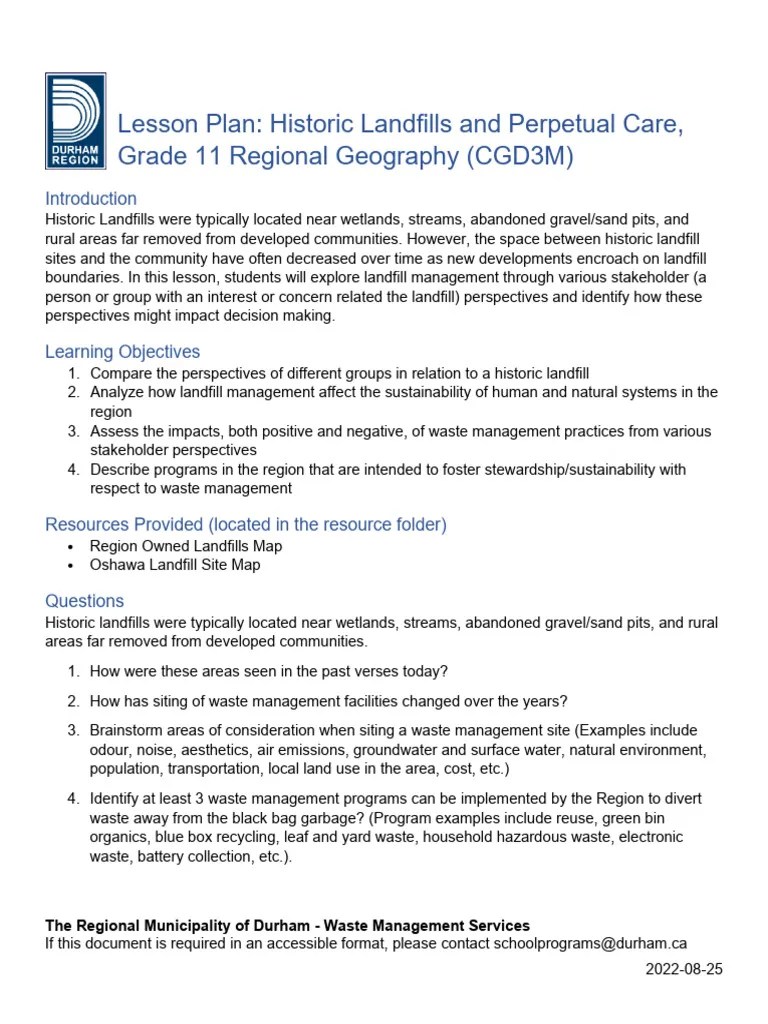 Landfills Lesson-Plan Grade-11 CGD3M Regional-Geography | PDF | Waste ...