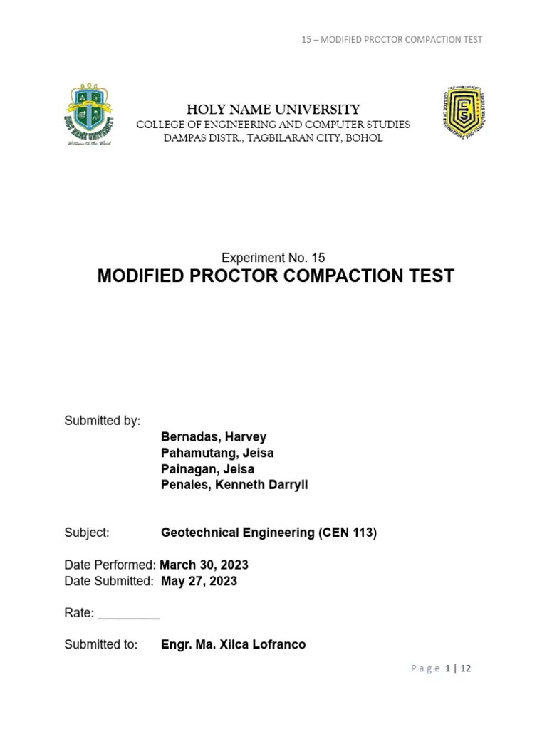 Experiment 15 Modified Proctor Compaction Test | PDF | Horticulture | Earth Sciences