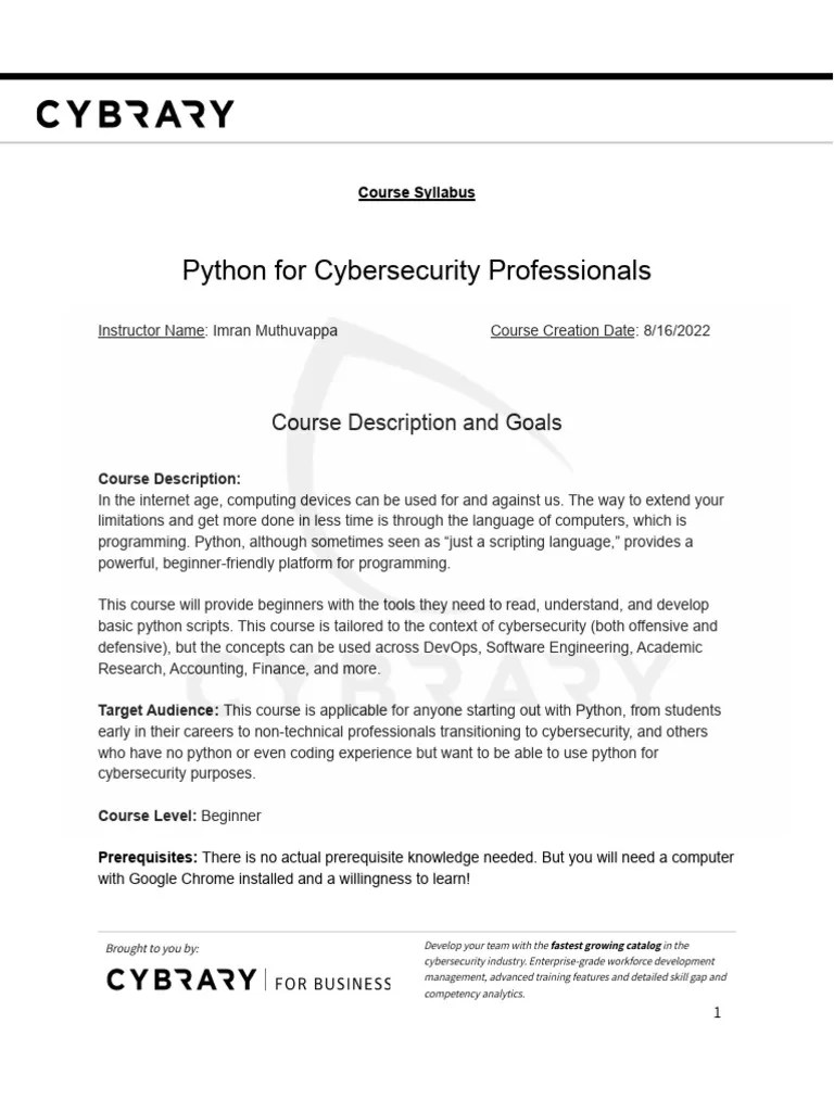 Python For Cybersecurity Professionals - Course Syllabus | PDF ...