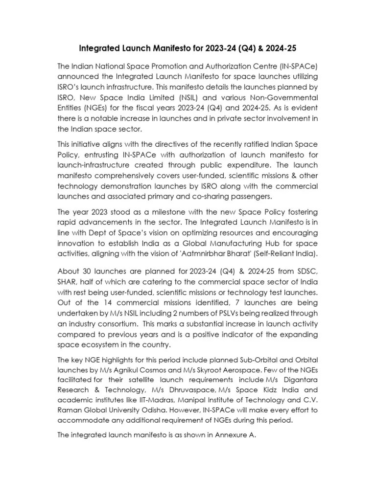 Integrated Launch Manifesto 2023 24Q4 2024 25 | PDF | Spaceflight | Outer Space