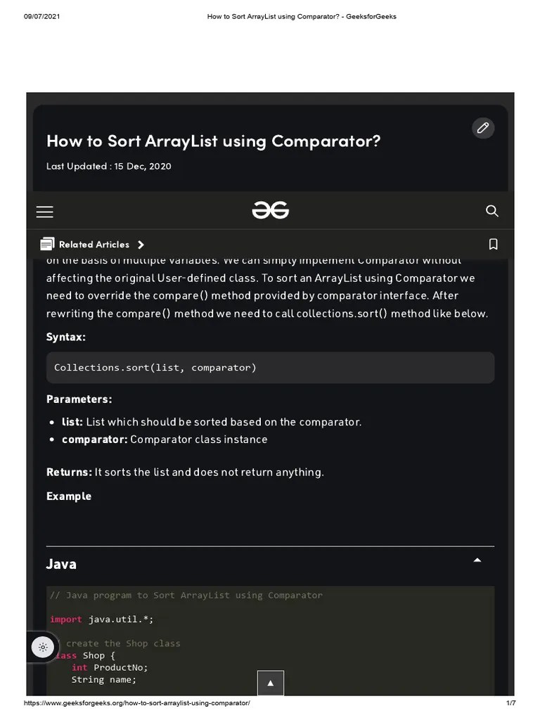 How To Sort ArrayList Using Comparator - GeeksforGeeks | PDF | Method ...