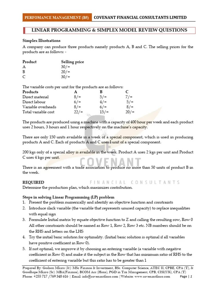 Linear Programming Simplex Model Review Questions | PDF | Linear Programming | Mathematics