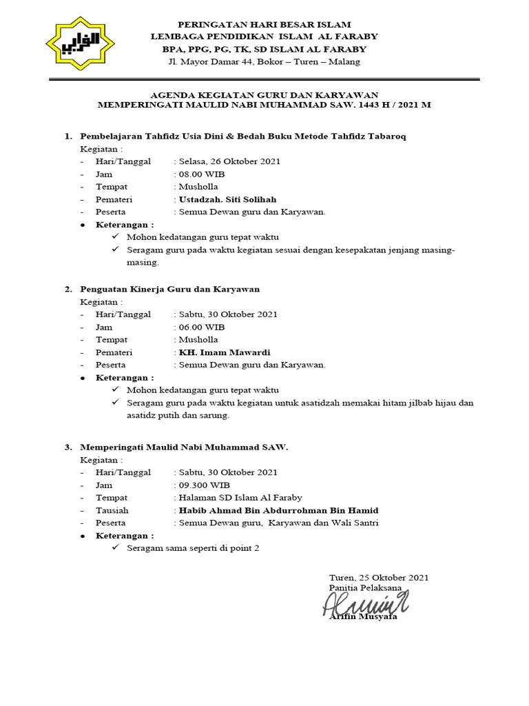 Agenda Kegiatan Maulid Nabi Muhammad Saw 1443 H | PDF