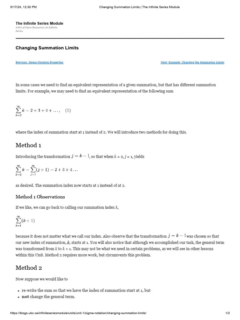 Changing Summation Limits - The Infinite Series Module | PDF ...