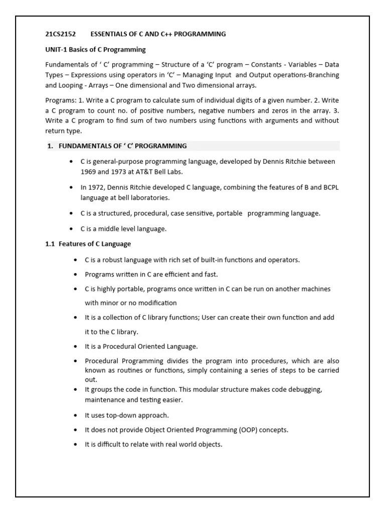 Unit-1 Basics Of C' Programming | PDF | Integer (Computer Science ...