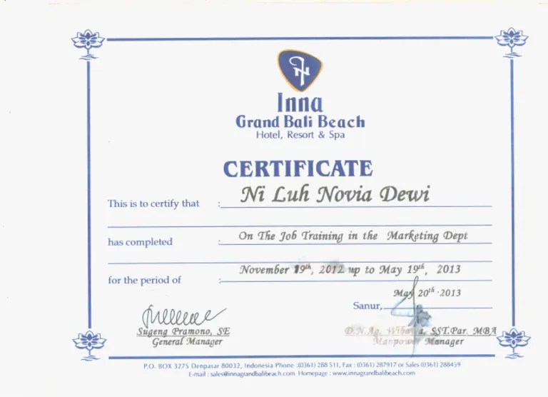 Trainee Certificate Inna Grand Bali Beach | PDF