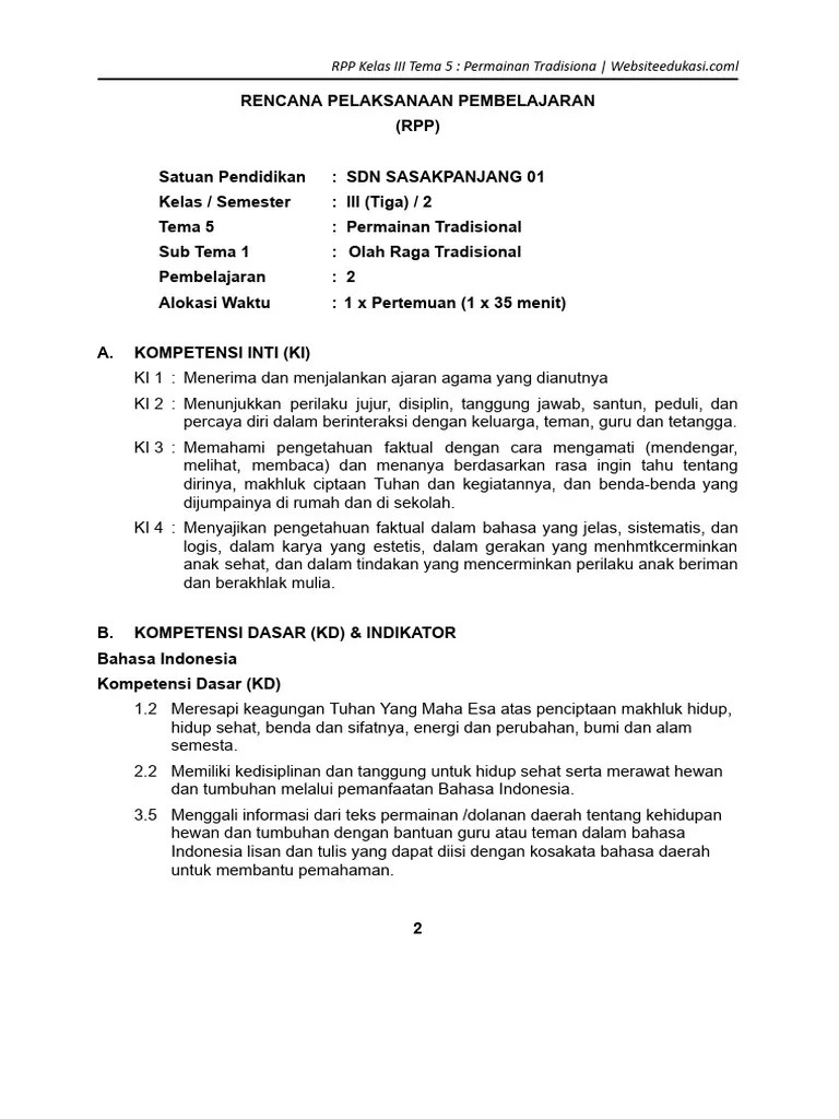 RPP Kelas 3 Tema 5 Permainan Tradisional | PDF | Kesehatan Holistik
