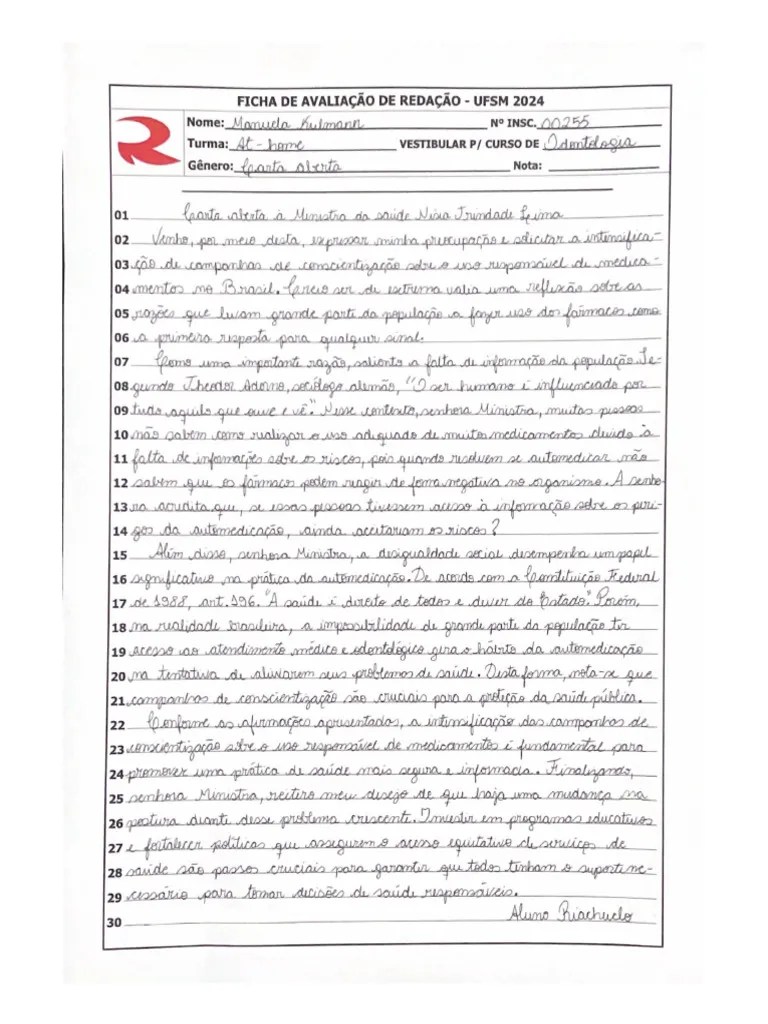 Ficha De Avaliação De Redação - Ufsm 2024 | PDF