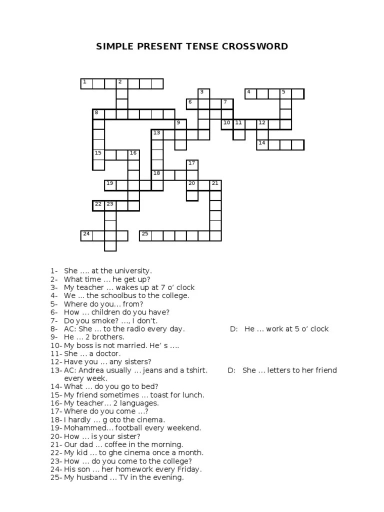 Explore more than 10000 'simple present tense worksheet' resources for teachers, parents and pupils as well as related resources on 'simple present tense' Simple Present Tense Crossword Pdf