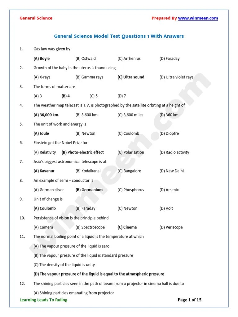 General Science Model Test Questions 1 In English With Answer | PDF ...