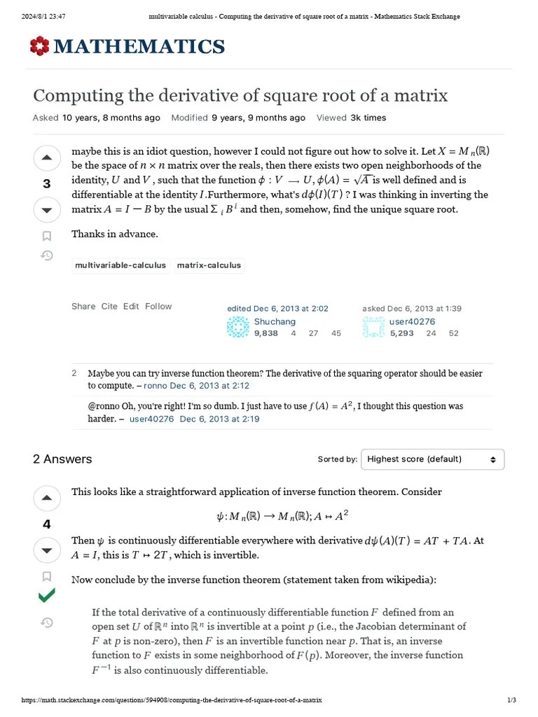 Multivariable Calculus - Computing The Derivative Of Square Root Of A ...