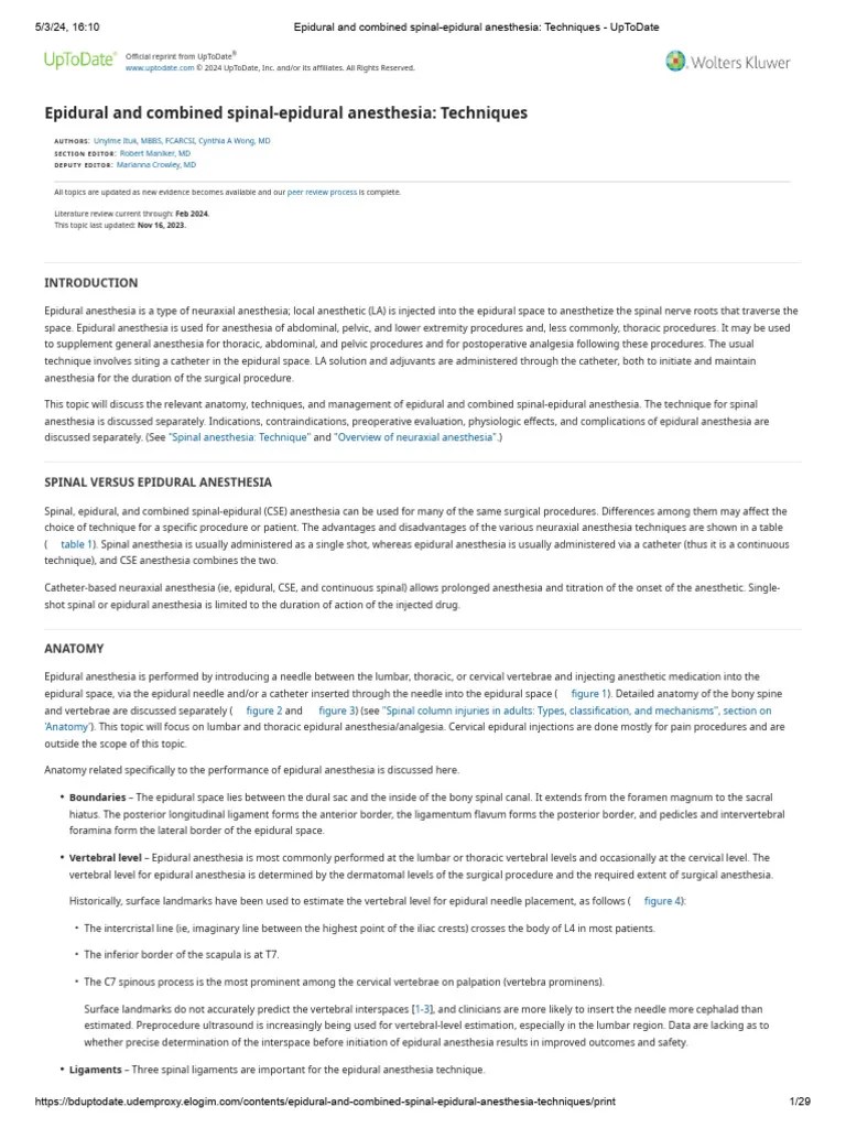 Epidural And Combined Spinal-Epidural Anesthesia - Techniques - UpToDate | PDF | Anesthesia ...