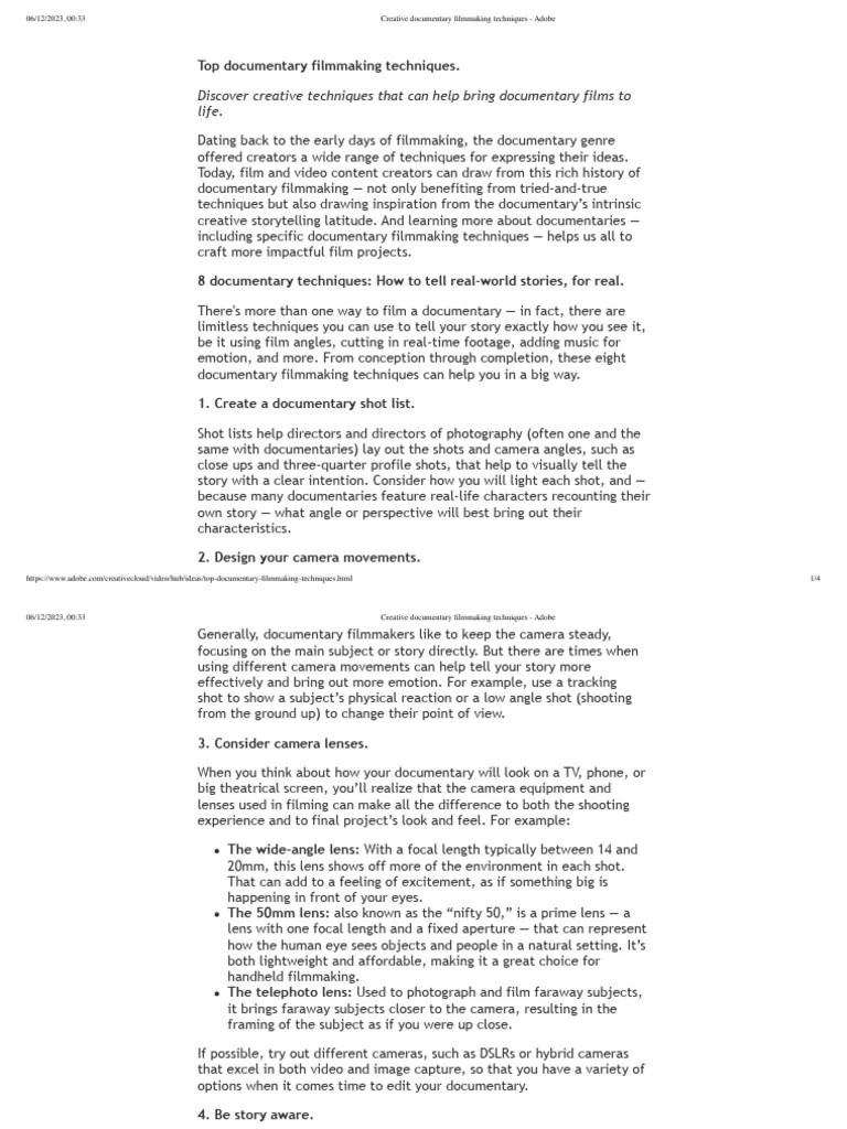 Creative Documentary Filmmaking Techniques Adobe Pdf Camera Lens
