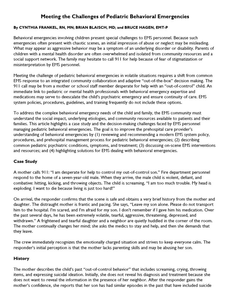 Meeting Challenges Pediatric Behavioral Emergencies | PDF | Antipsychotic | Mental Disorder