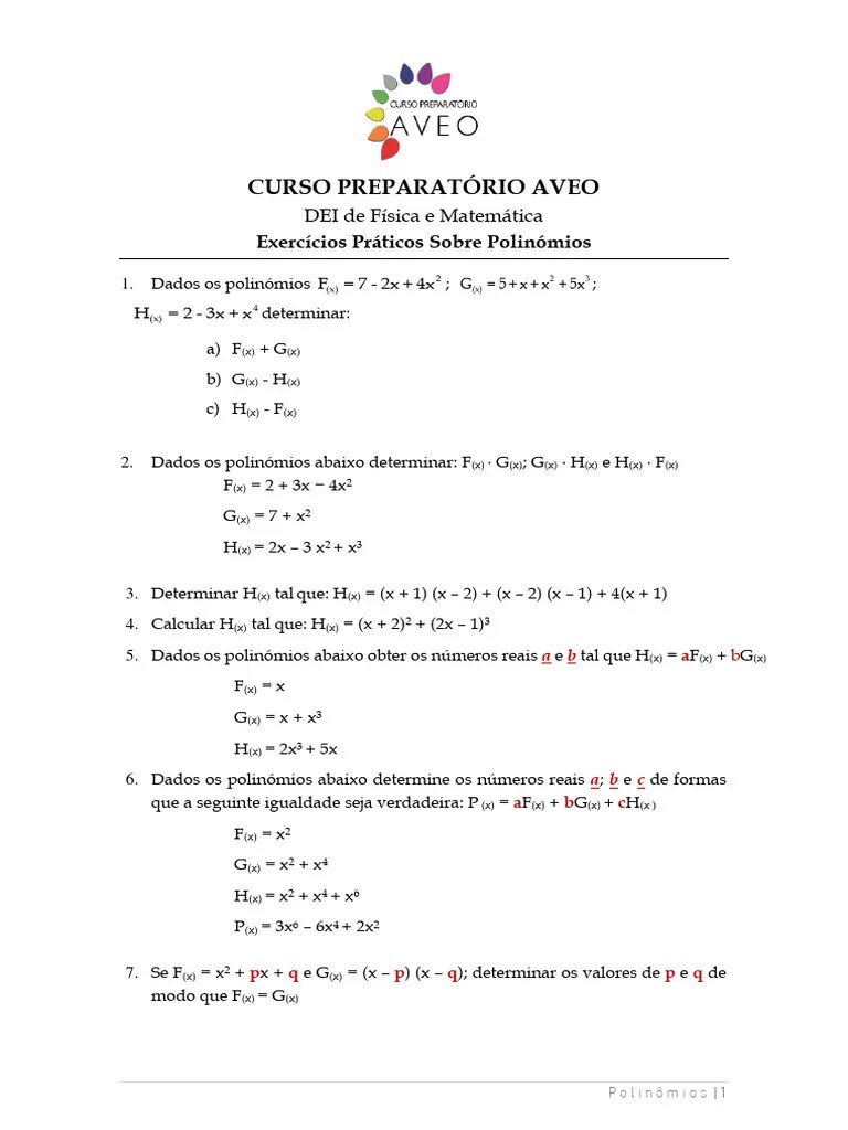 Polinómios - Exercícios | PDF | Matemática | Álgebra Abstrata
