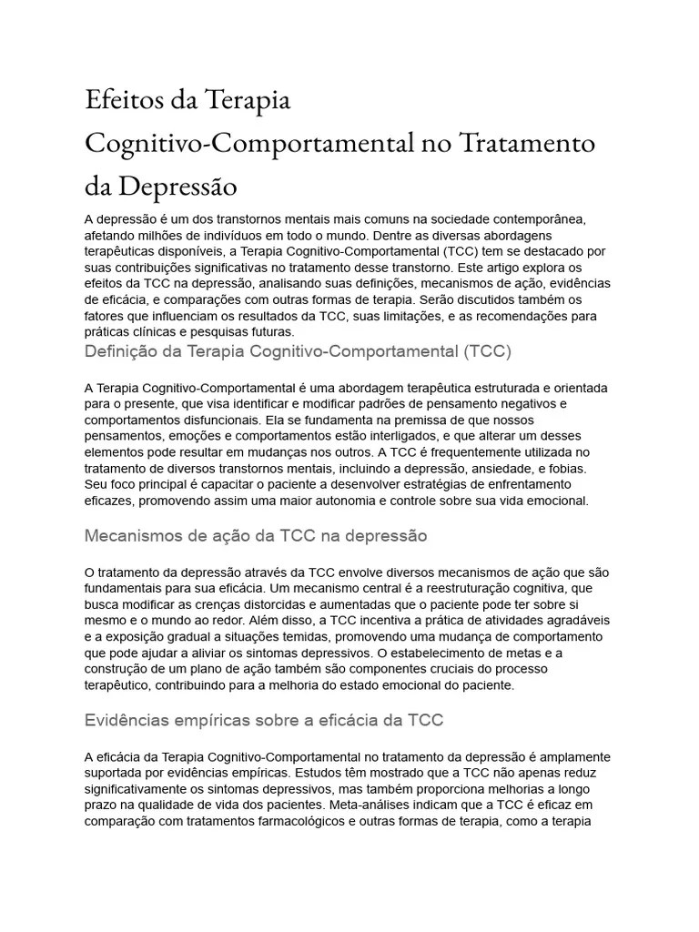Efeitos Da Terapia Cognitivo-Comportamental No Tratamento Da Depressão | PDF | Terapia Cognitiva ...