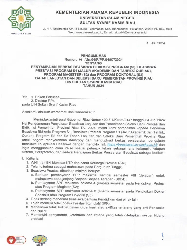 Pengumuman Beasiswa Pemprov Riau Tahun 2024 | PDF