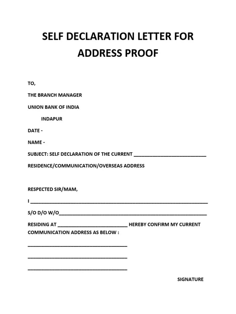 Self Declaration Letter For Address Proof Pdf