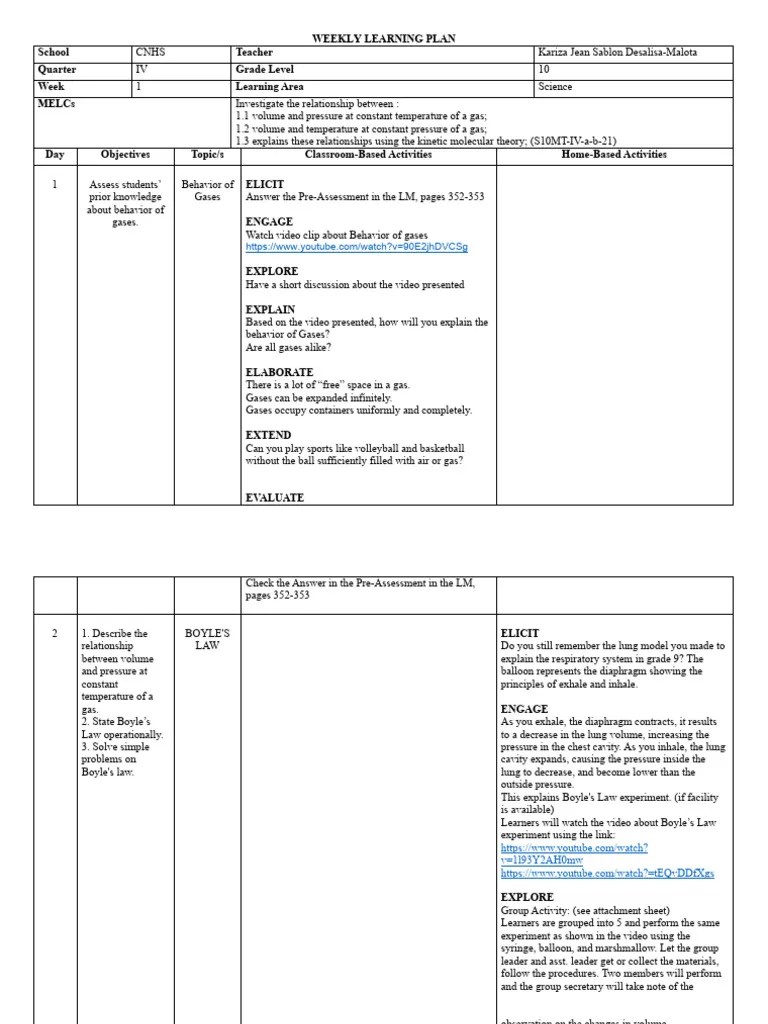 WEEKLY LEARNING PLAN - SCIENCE 10 | PDF | Gases | Pressure