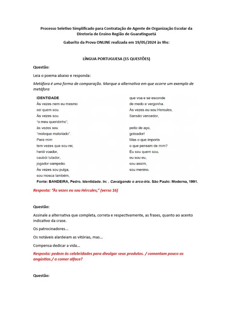 Gabarito Prova Pss Aoe 2024 Lngua Portuguesa 15 Questes | PDF | Famílias Linguísticas | Idiomas