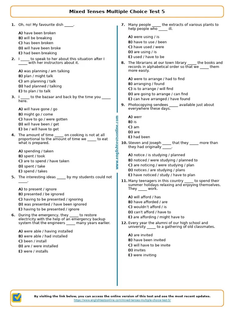 1838 Mixed Tenses Multiple Choice Test 5 | PDF
