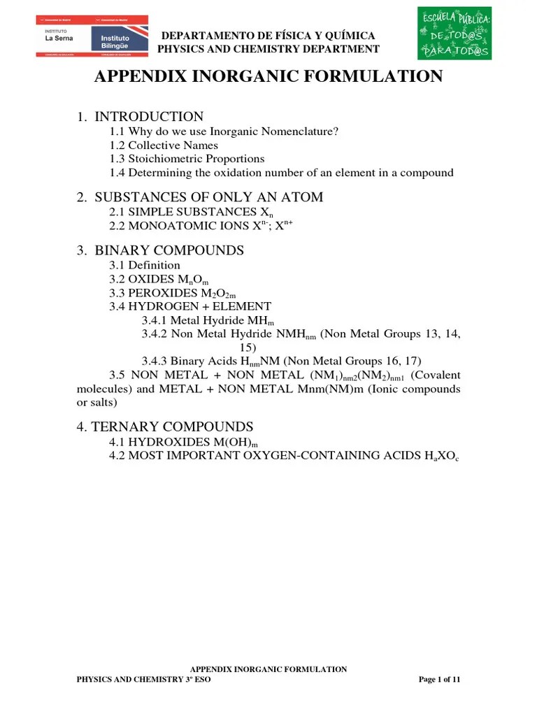 Appendix Inorganic Formulation | PDF | Chemical Compounds | Oxide