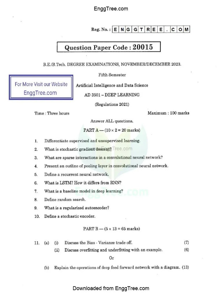 AD3501 Deep Learning Nov Dec 2023 Question Paper Download | PDF