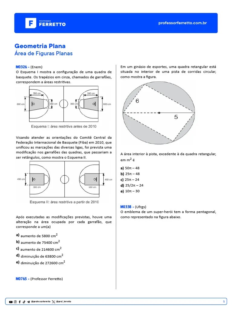 Questions - Matematica - Geometria Plana - Area De Figuras Planas | PDF | Triângulo | Círculo