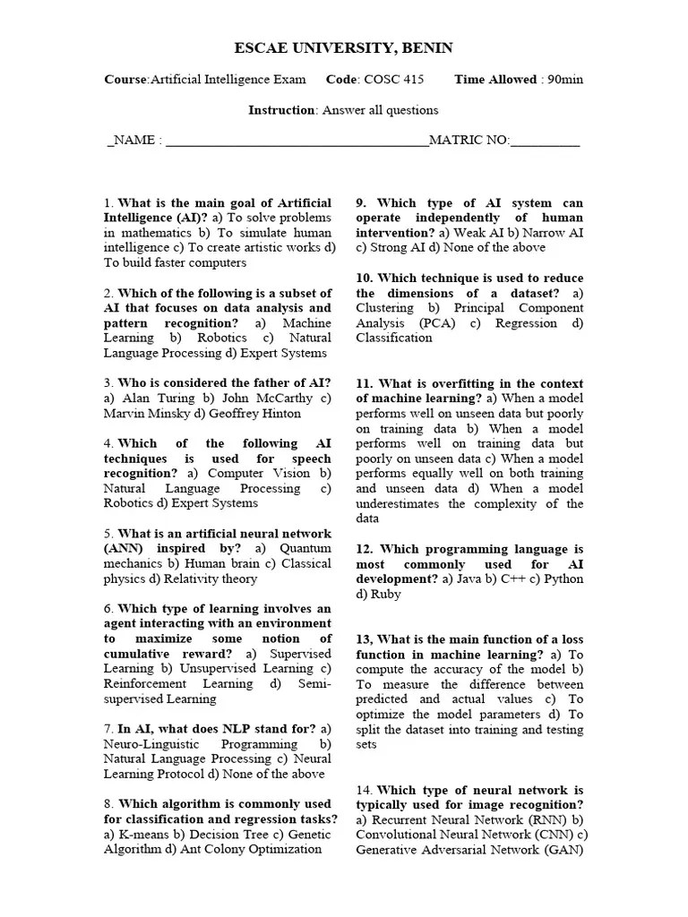 AI Exam | PDF | Artificial Intelligence | Intelligence (AI) & Semantics