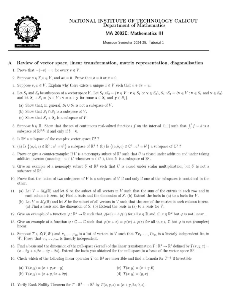 Tutorial Sheet | PDF | Eigenvalues And Eigenvectors | Linear Subspace